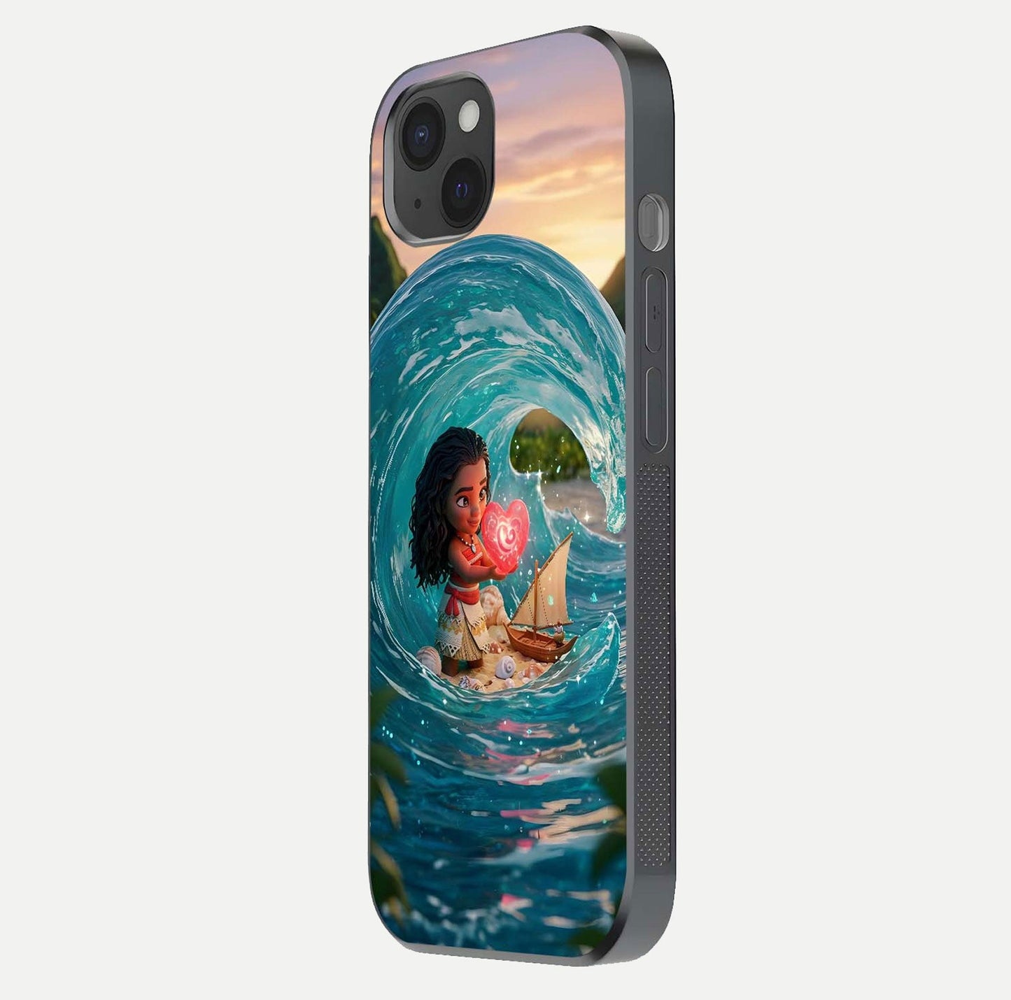 Heart of Ocean Glass Case for iPhone 15 Plus side-angle image showing reflection clarity and deep ocean texture