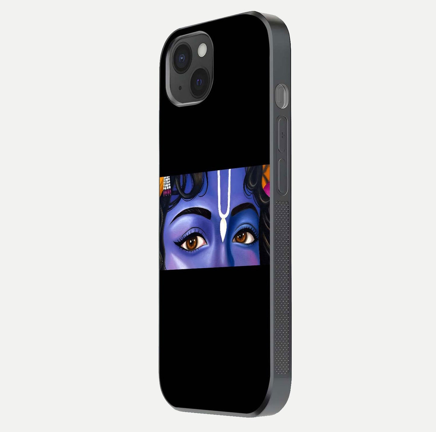 Krishna Eye Glass Case for iPhone 15 Plus side-angle image showing reflection clarity and Krishna symbol design