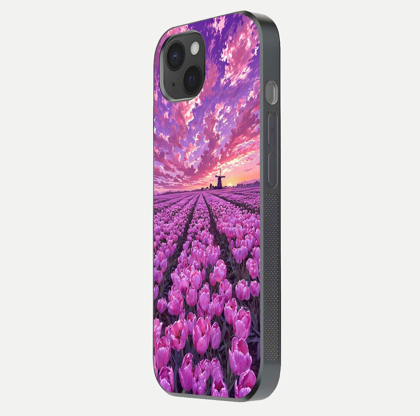 Lavender Dream Skies Glass Case for iPhone 15 Plus side-angle image showing reflection depth and serene tones
