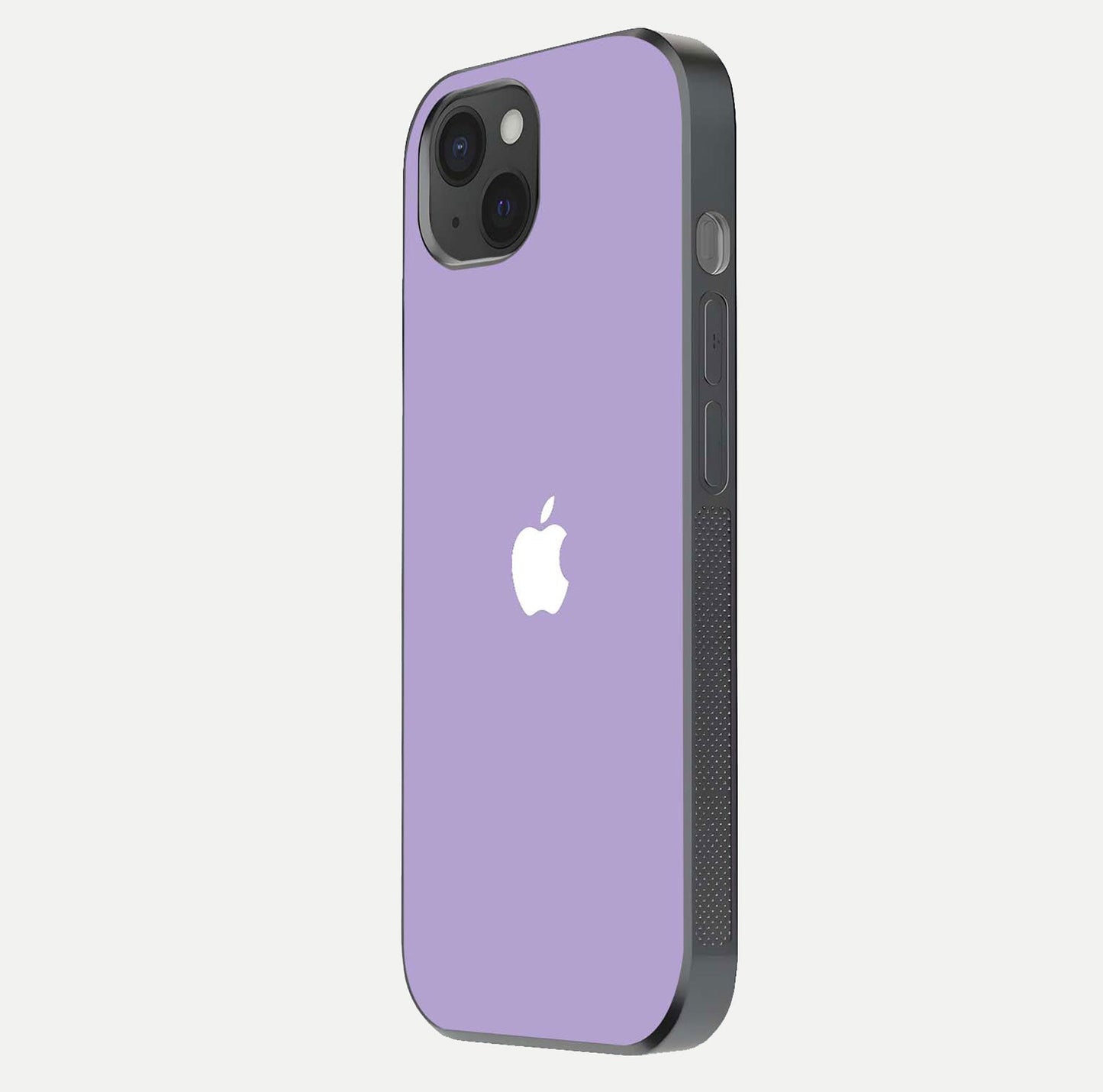 Lavender Soft Minimal Glass Case for iPhone 15 Plus side-angle image showing smooth reflection and minimal look