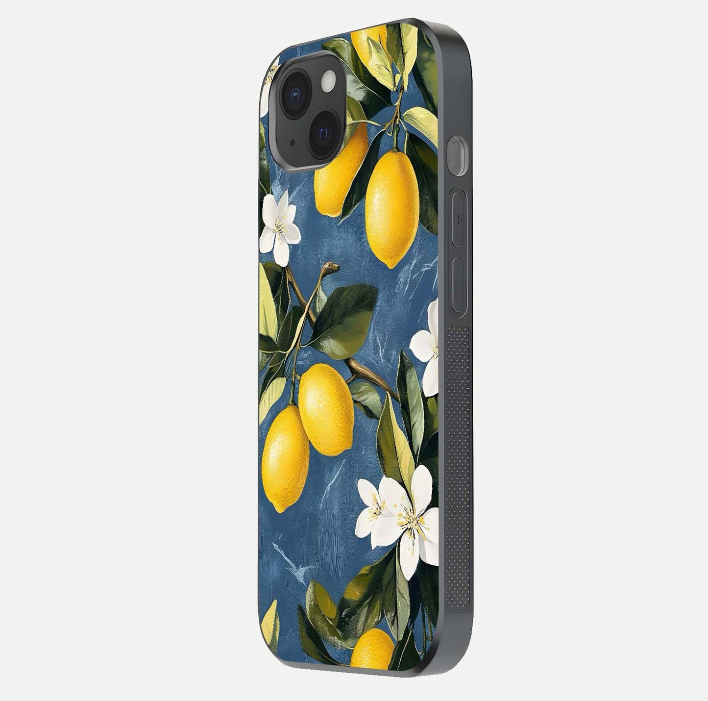 Lemon Dream Garden Glass Case for iPhone 15 Plus side-angle image showing reflection clarity and artistic fruit design
