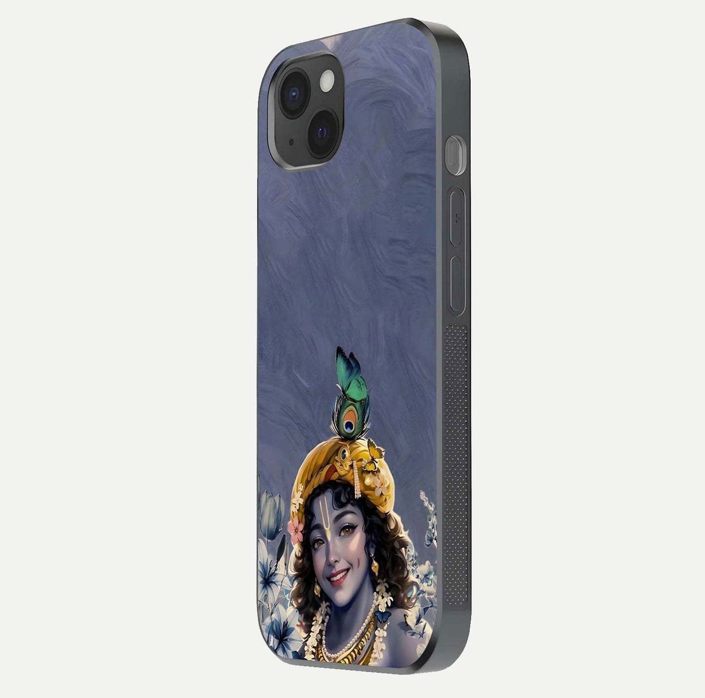 Lord Krishna Glass Case for iPhone 15 Plus side-angle image emphasizing premium reflection and sacred motif