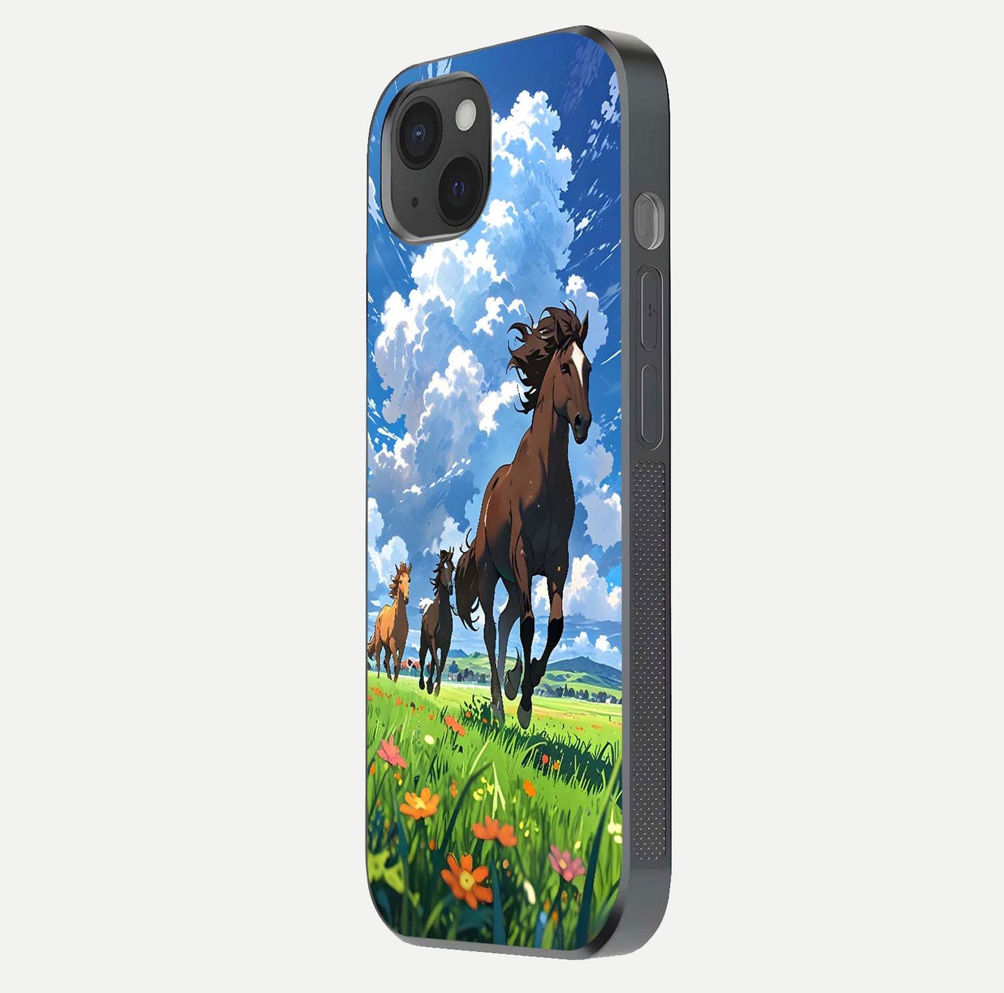 Majestic Horses Galloping Glass Case for iPhone 15 Plus side-angle shot emphasizing reflection and running artwork