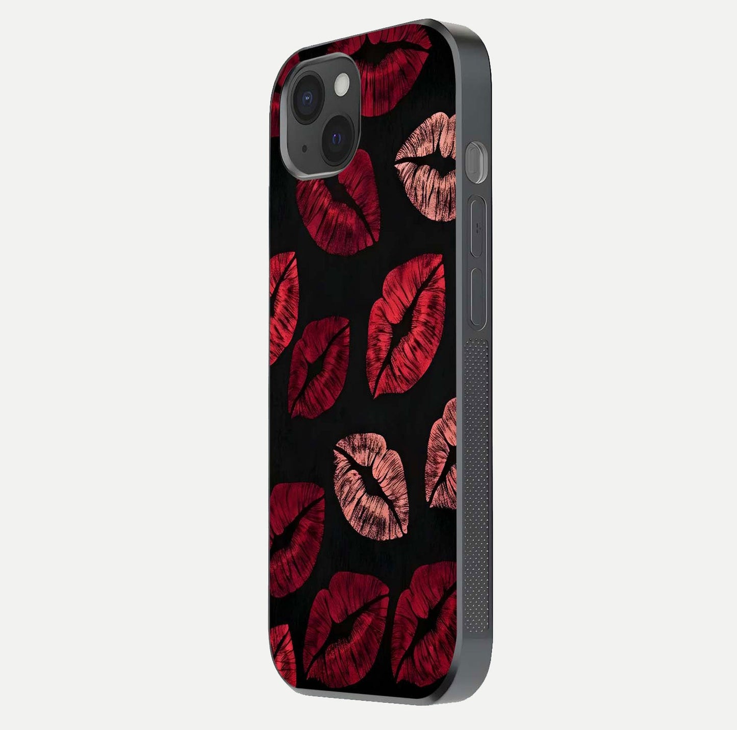 Midnight Kiss Love Glass Case for iPhone 15 Plus side-angle image revealing gloss texture and deep love motif