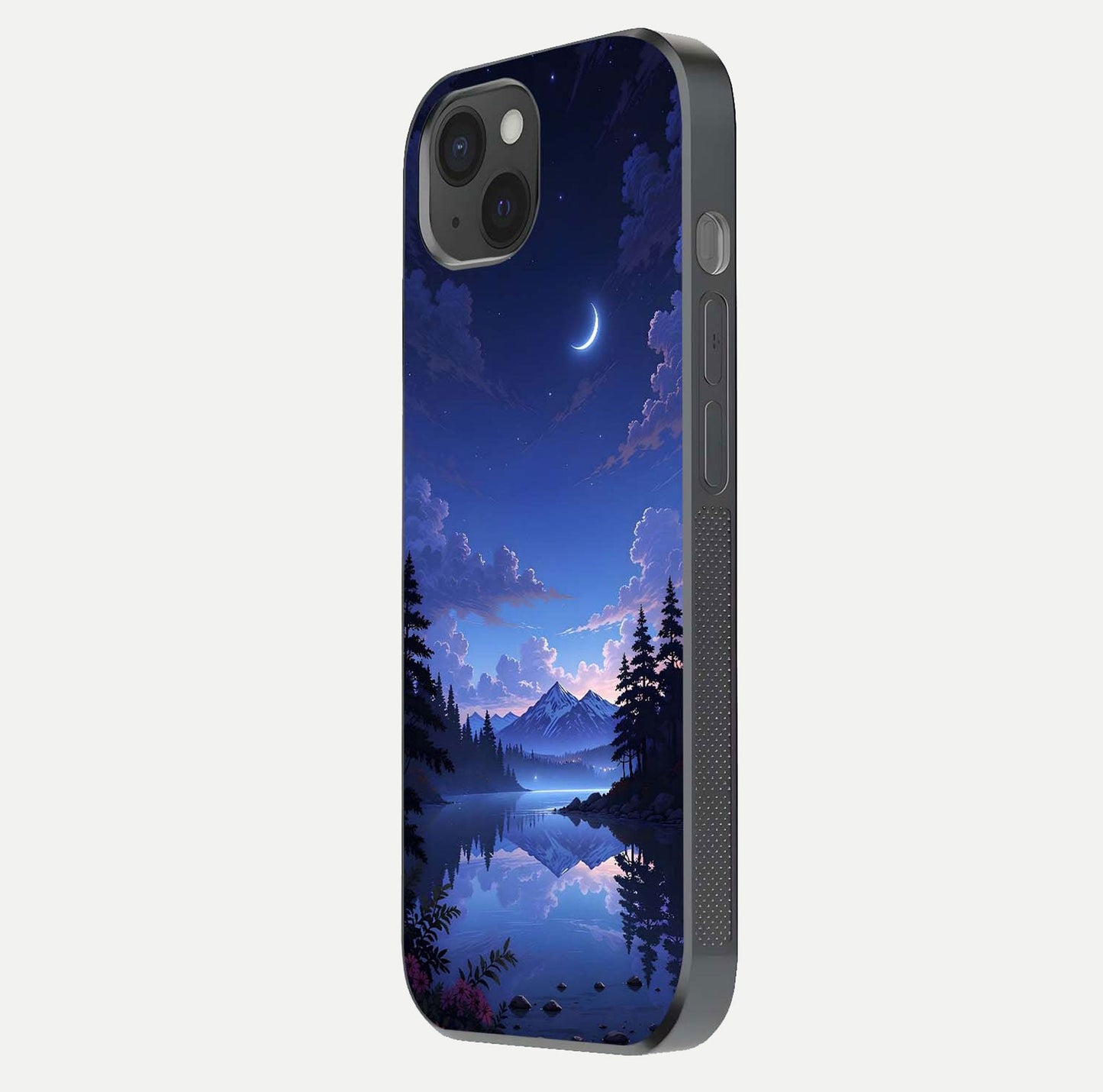 Midnight Lake Peace Glass Case for iPhone 15 Plus side-angle image showing HD shine and tranquil color tones