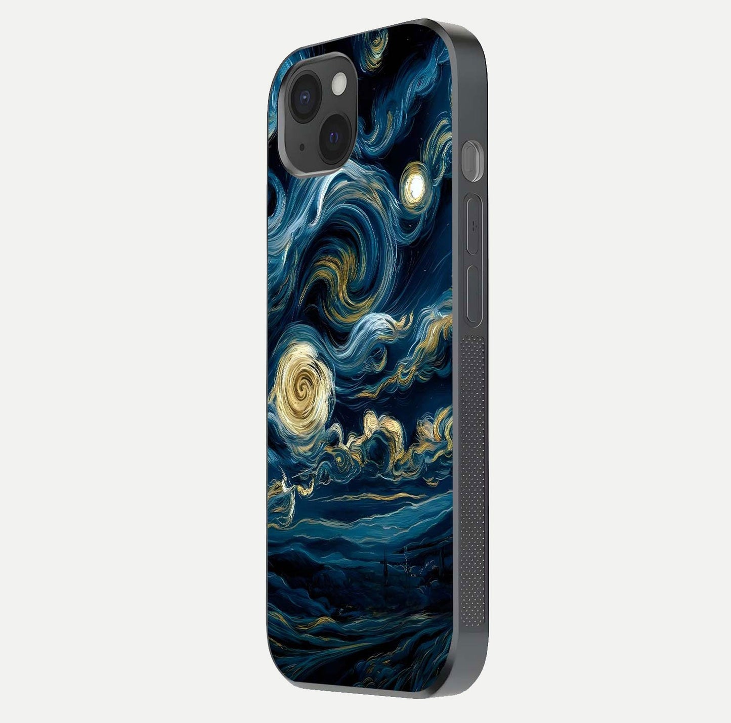 Midnight Sky Whirl Glass Case for iPhone 15 Plus side-angle image showing reflection depth and galaxy pattern