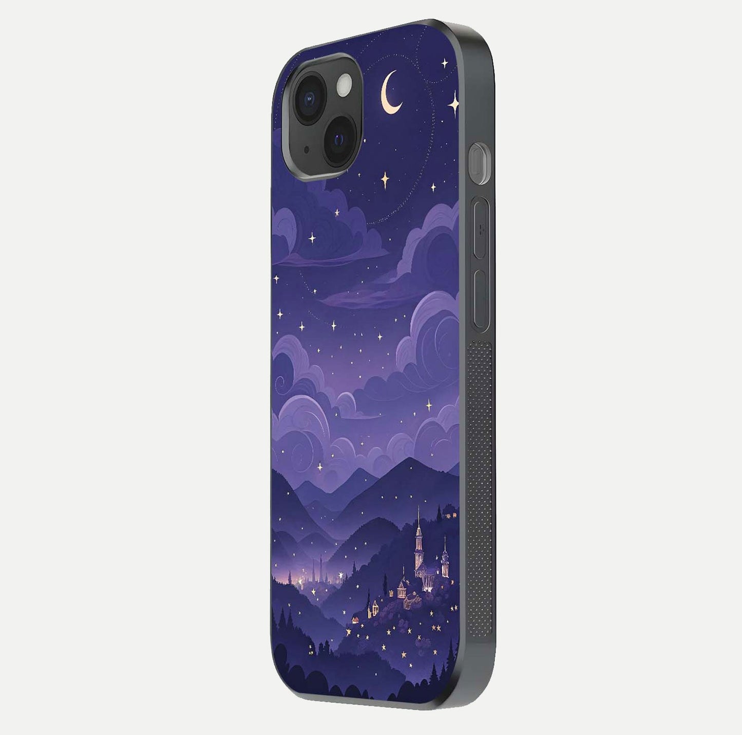 Minimal Night View Glass Case for iPhone 15 Plus side-angle image showing subtle reflection and urban design