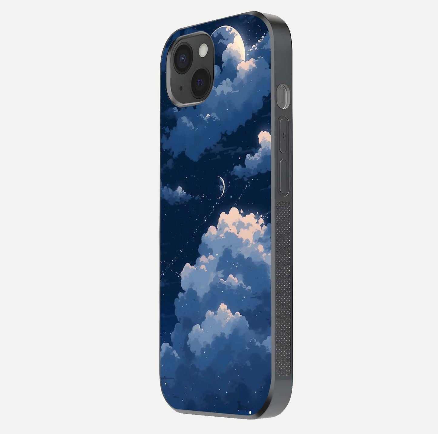 Moon Dream Haze Glass Case for iPhone 15 Plus side-angle image showing HD reflection and moonlight detailing