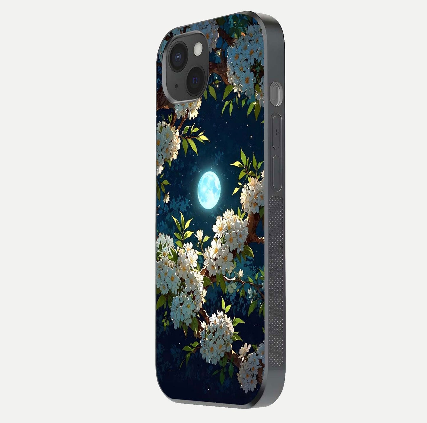 Moonlit Blossom Dream Glass Case for iPhone 15 Plus side-angle image showing shine depth and flower glow