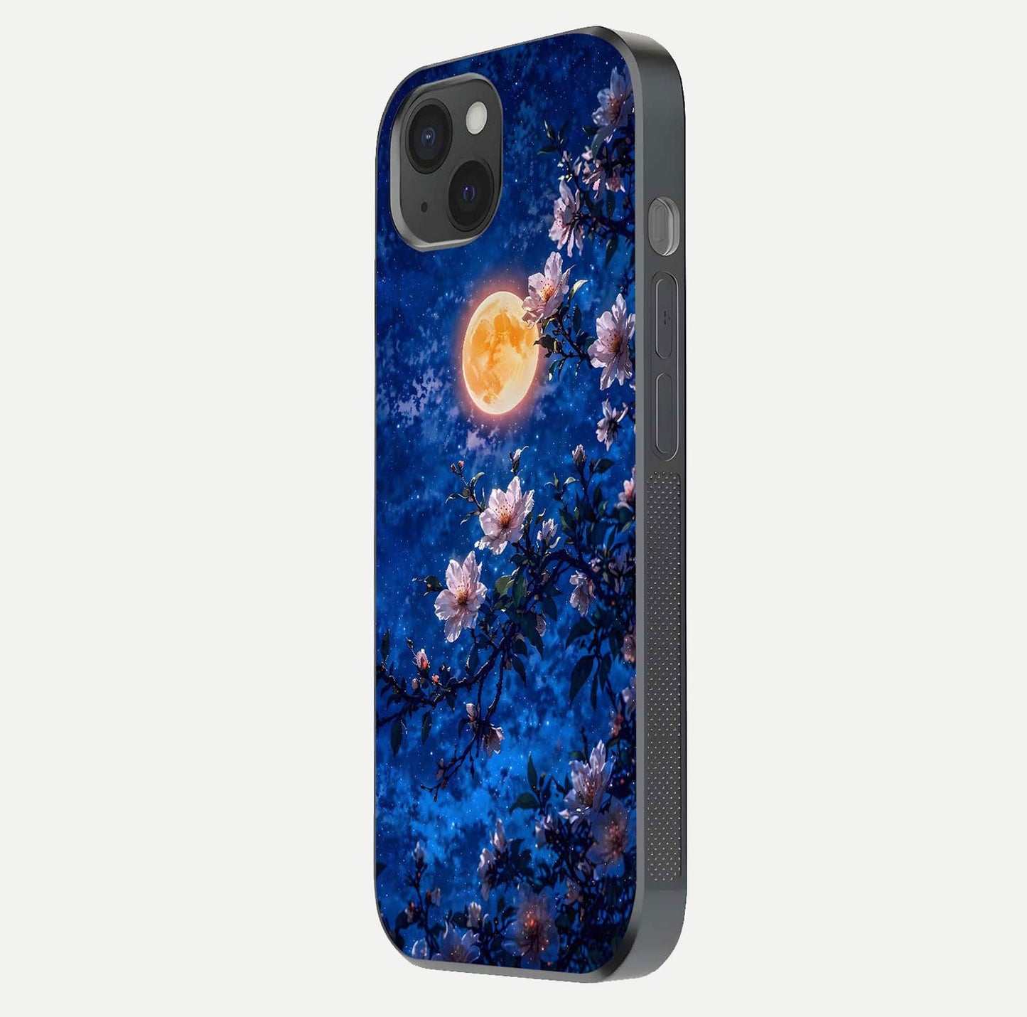 Moonlit Blossoms Night Glass Case for iPhone 15 Plus side-angle image revealing shine and night bloom texture