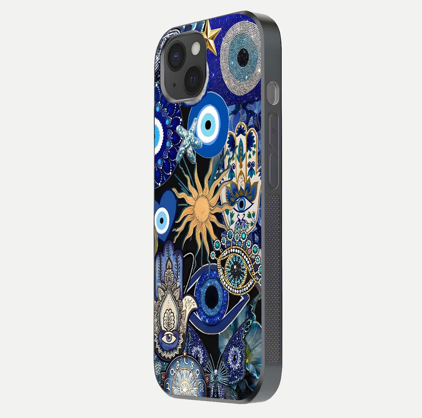 Mystic Blue Evil Eye Glass Case for iPhone 15 Plus side-angle image showing smooth gloss and charm design