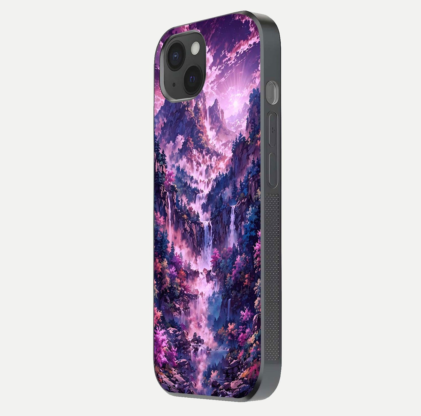 Mystic Cascade Peaks Glass Case for iPhone 15 Plus side-angle image showing reflection and scenic art clarity