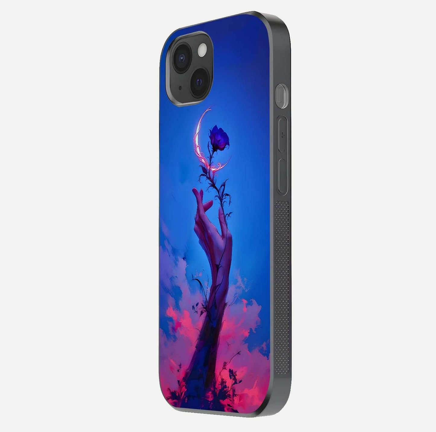 Mystic Hand Glass Case for iPhone 15 Plus side-angle image showing reflection depth and sacred aesthetic