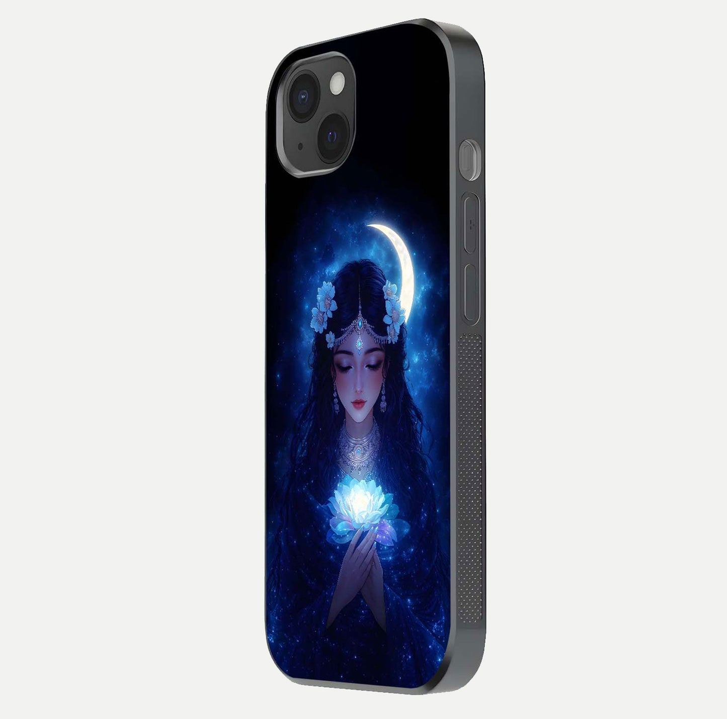 Mystic Moon Queen Glass Case for iPhone 15 Plus side-angle image showing reflection and celestial details