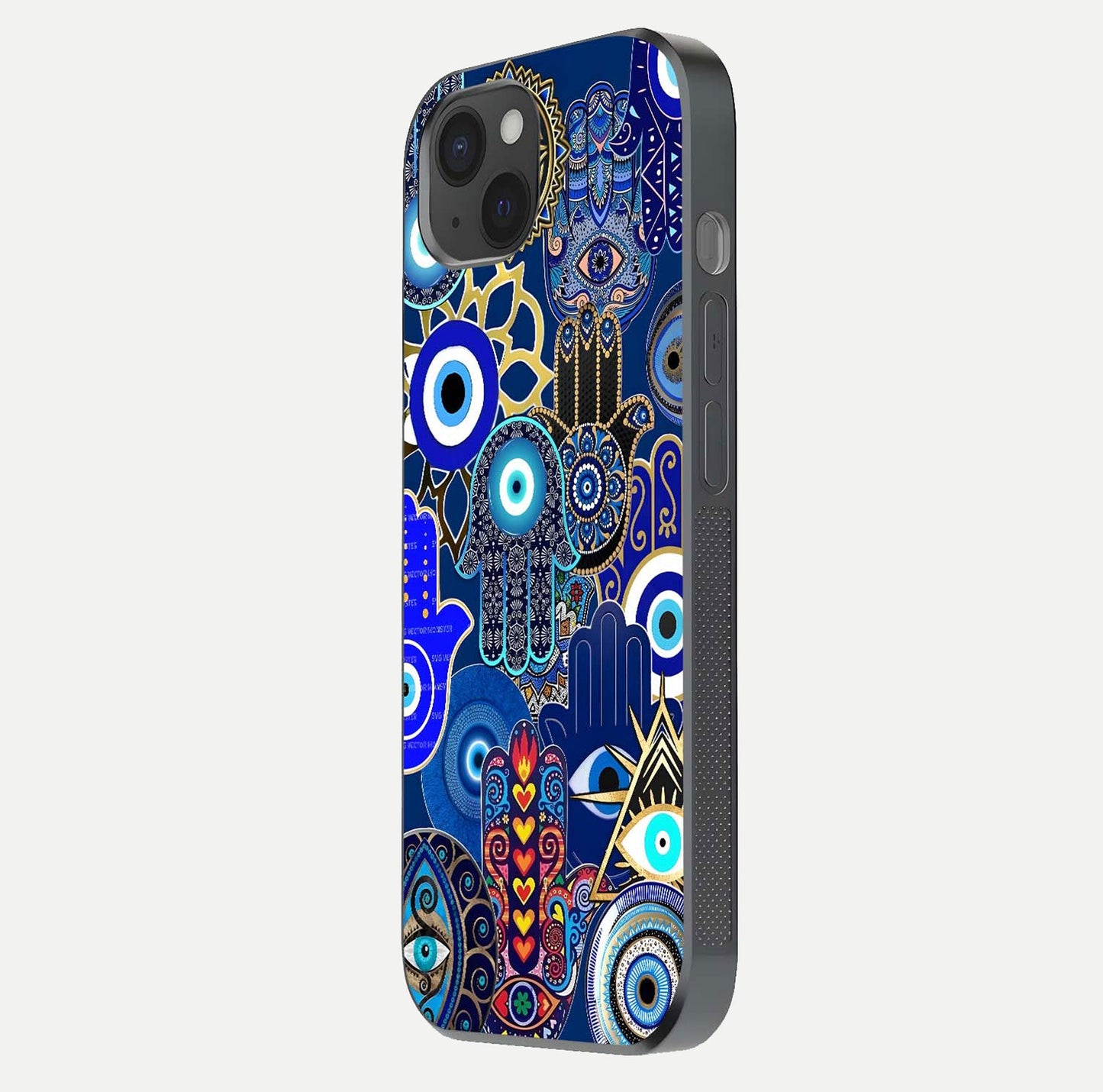 Mystic Palm Guard Glass Case for iPhone 15 Plus side-angle image showing shine depth and sacred motif