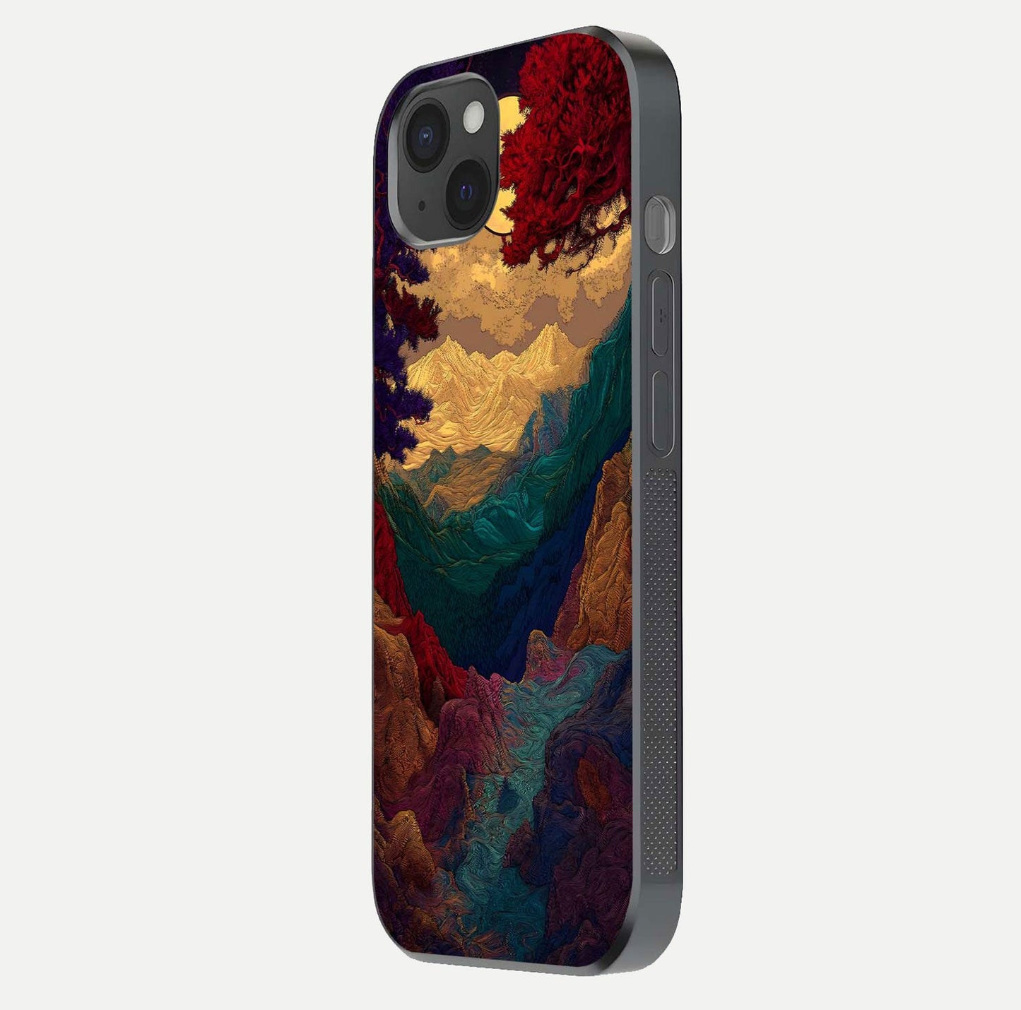 Mystic Valley Light Glass Case for iPhone 15 Plus side-angle image showing shine and peaceful hues