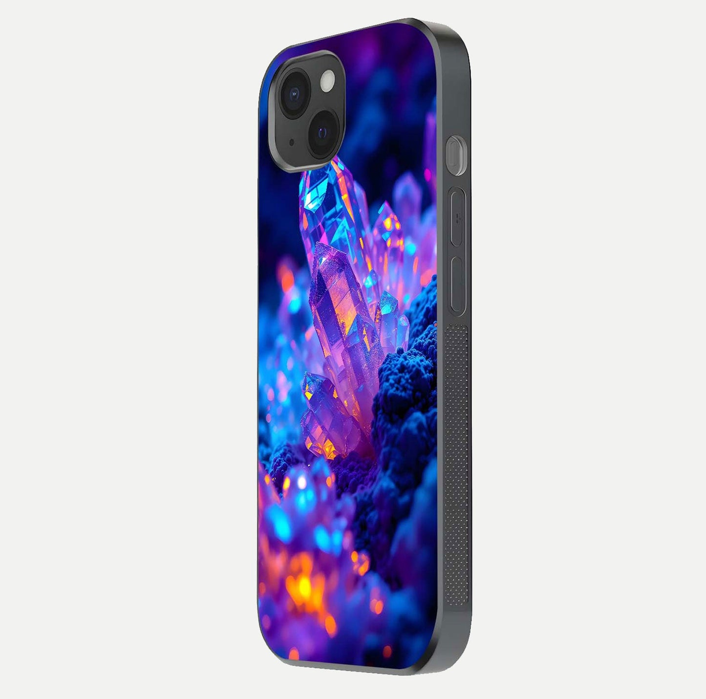 Neon Aura Shards Glass Case for iPhone 15 Plus side-angle image showing light depth and glossy contrast