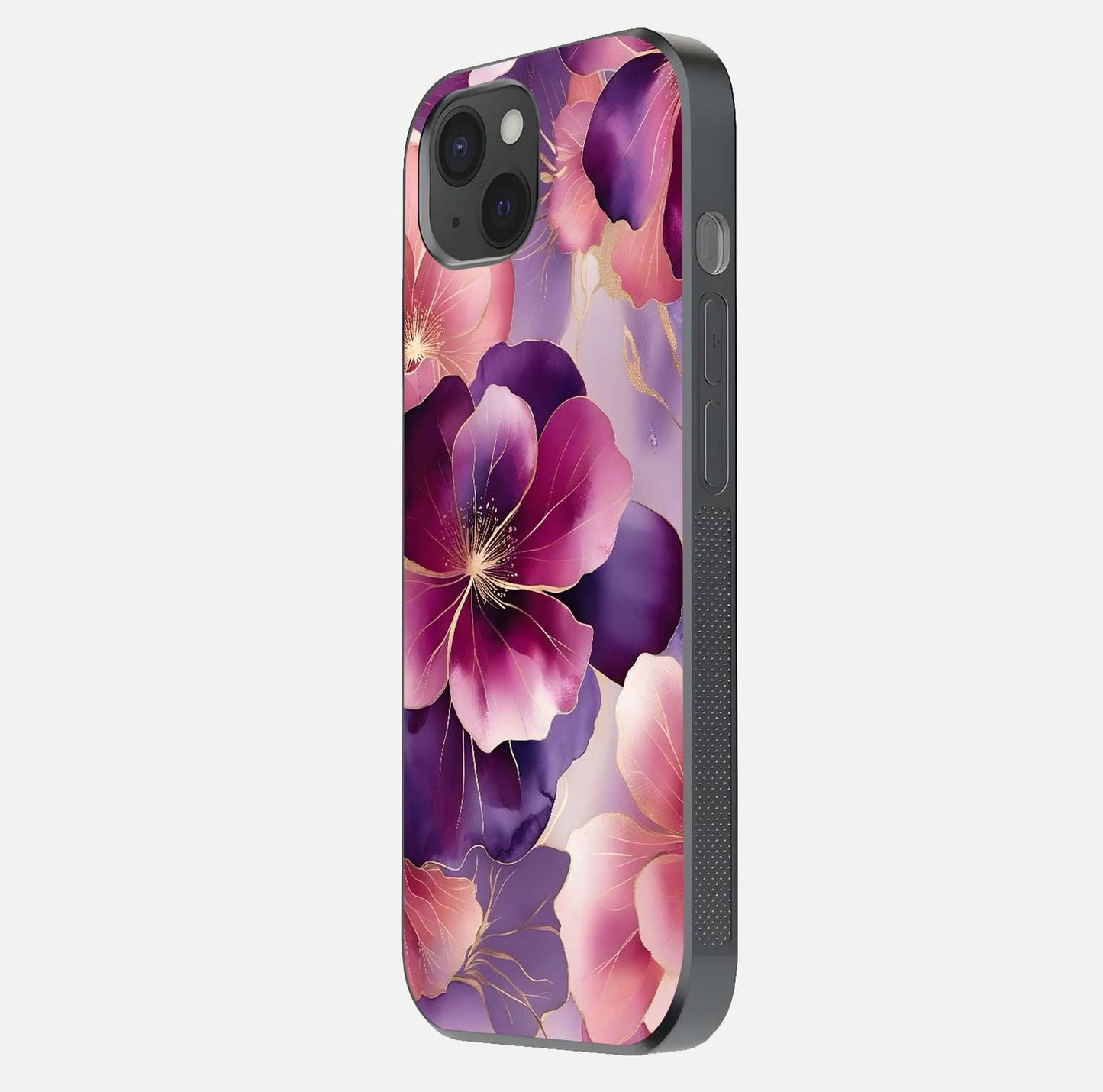 Pink Bouquet Florals Glass Case for iPhone 15 Plus side-angle image showing floral texture and reflection clarity