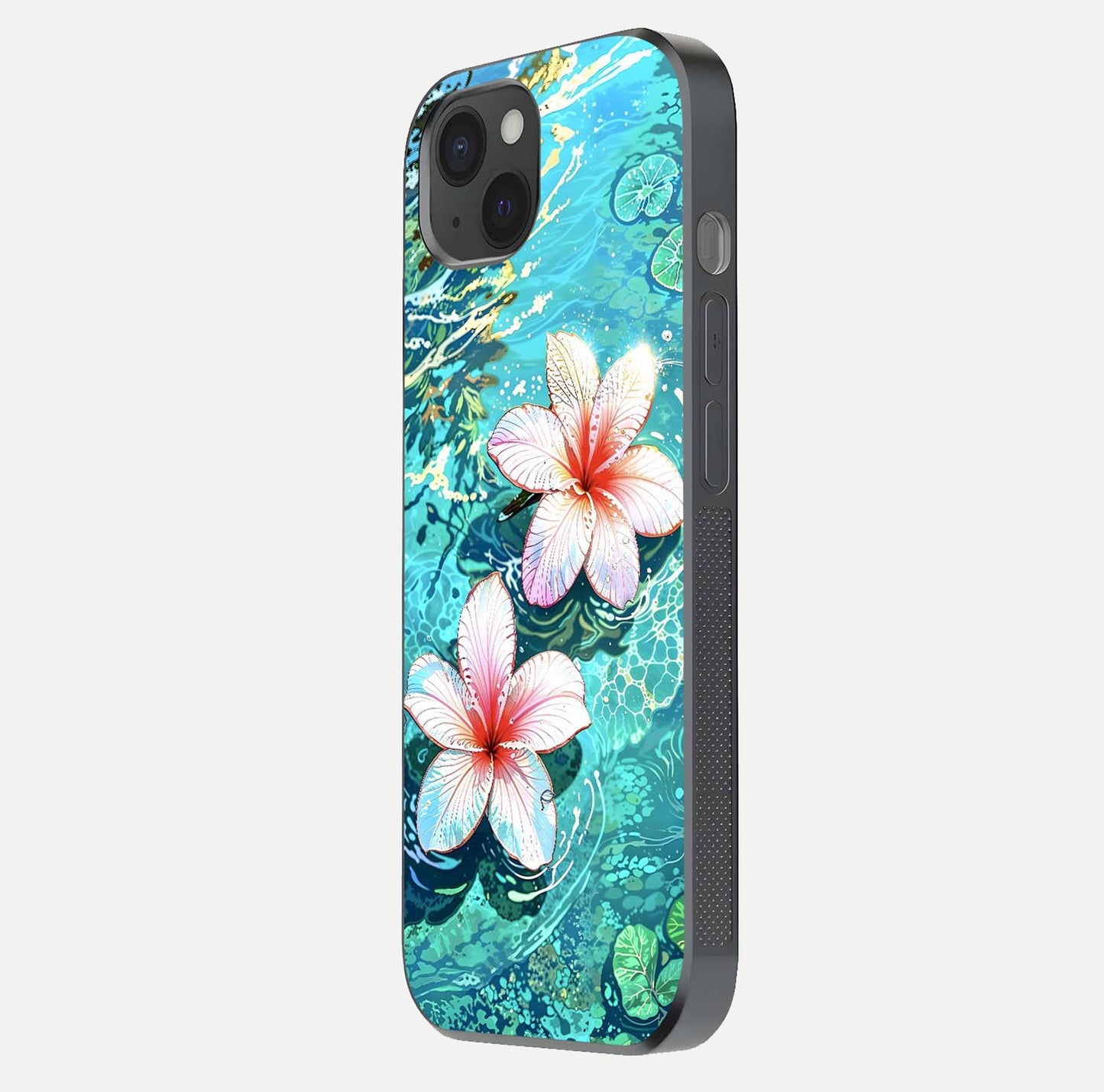 Pink Flowers in Water Glass Case for iPhone 15 Plus side-angle image showing reflection and depth of detail
