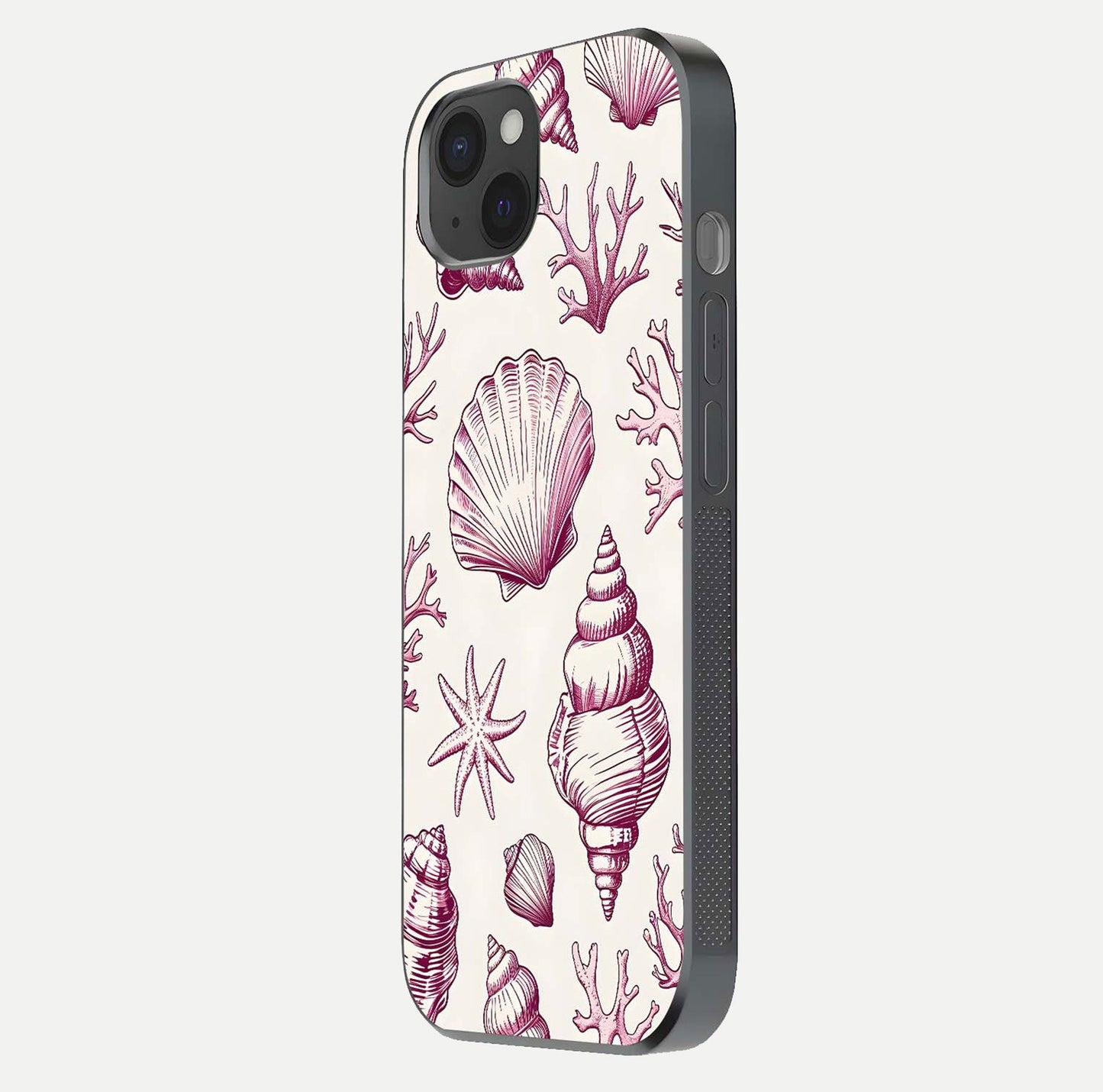 Pink Shells Outline Glass Case for iPhone 15 Plus side-angle image showing shine and intricate outline texture
