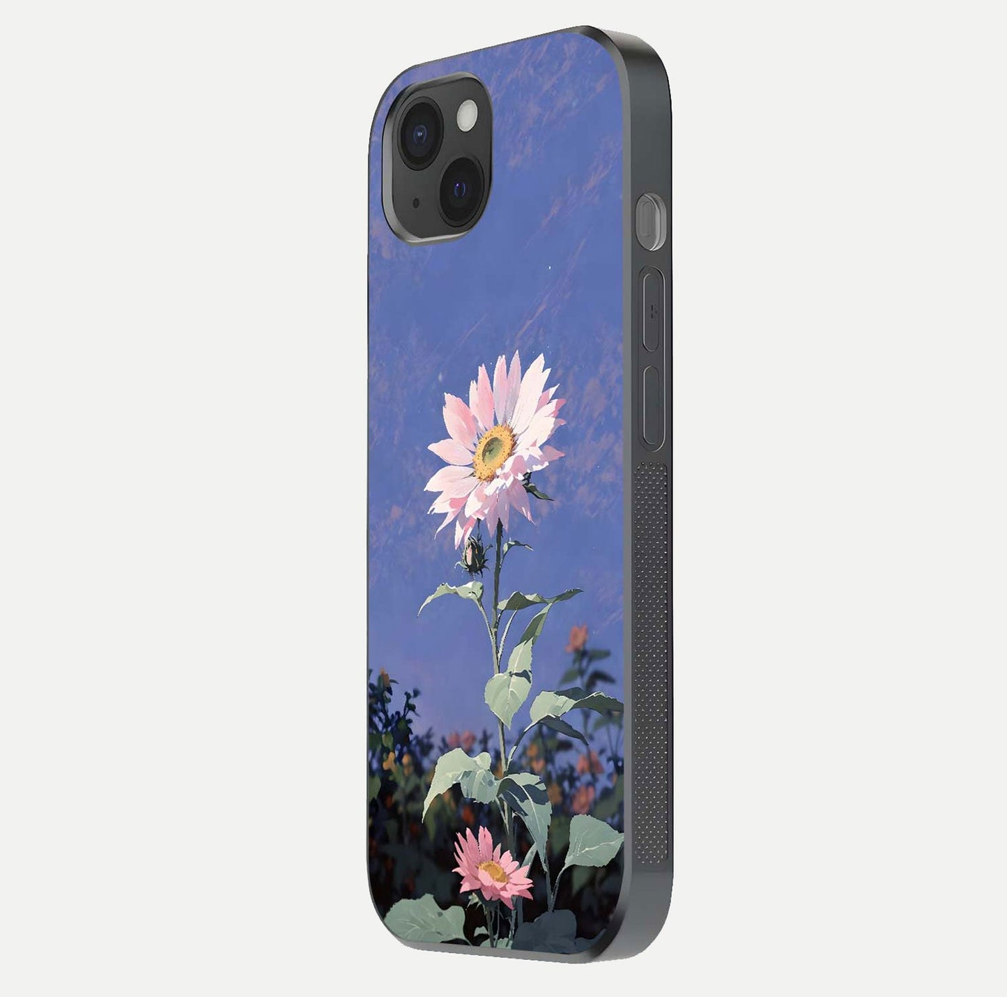 Pink Sunflower Glow Glass Case for iPhone 15 Plus side-angle image showing glossy edges and vivid sunflower tones