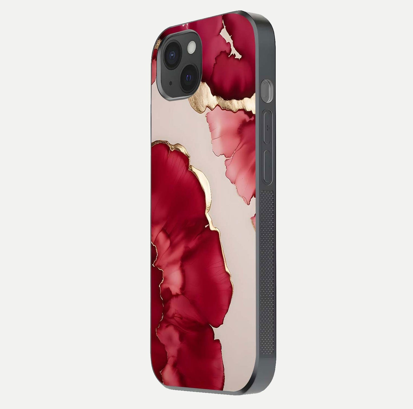 Pink & White Marble Glass Case for iPhone 15 Plus side-angle image revealing reflection and clean tone balance
