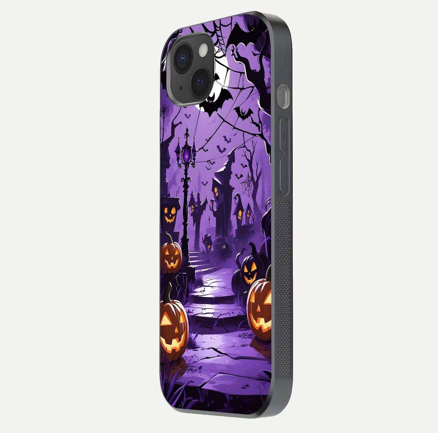 Pumpkin Patch Halloween Glass Case for iPhone 15 Plus side-angle image showing shine, camera cutout, and spooky art