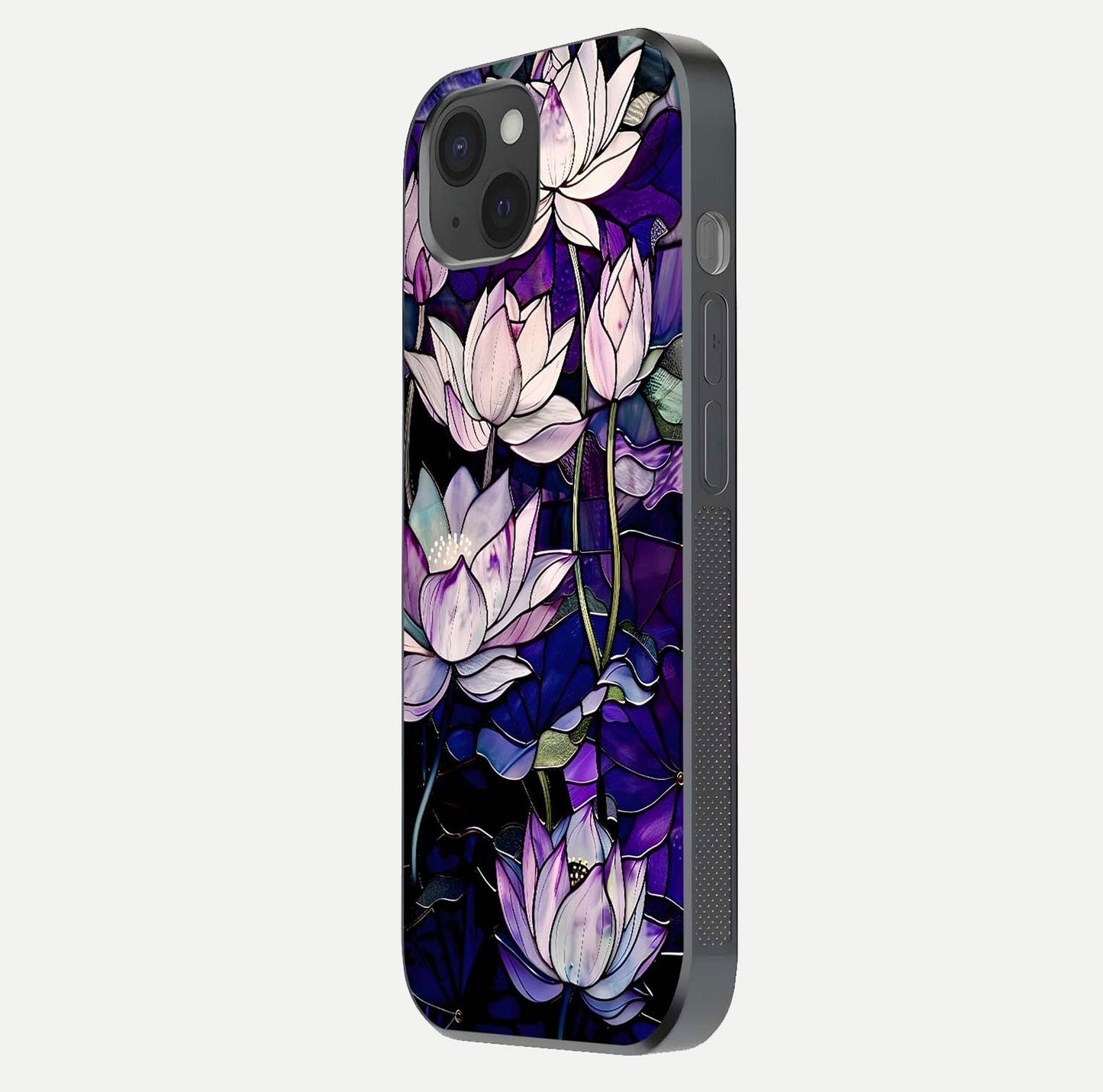 Purple Lotus Pattern Glass Case for iPhone 15 Plus side-angle image showing reflection depth and lotus detail