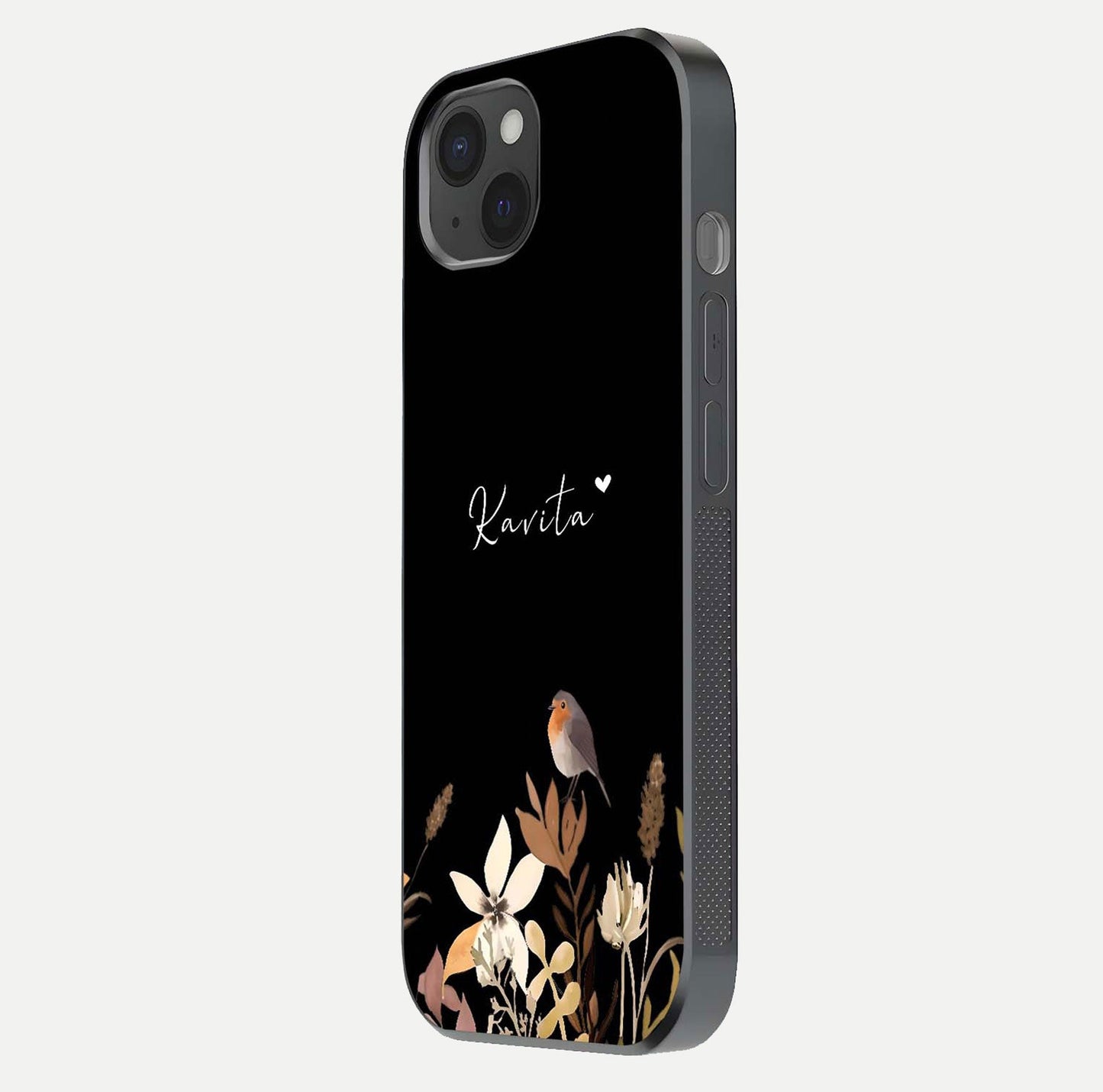 Quiet Garden Tune Custom Name Glass Case for iPhone 15 Plus side-angle image showing reflection and floral design