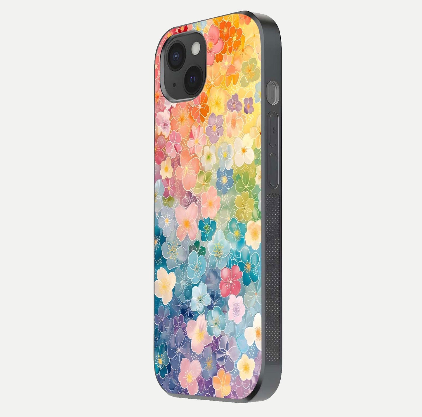 Rainbow Blossom Burst Glass Case for iPhone 15 Plus side-angle image showing reflection and floral burst detail