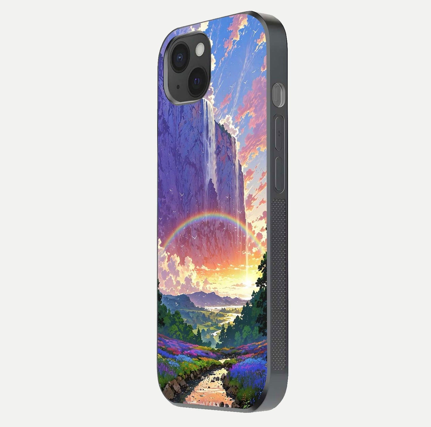 Rainbow Valley Dream Glass Case for iPhone 15 Plus side-angle image showing light reflection and scenic tones