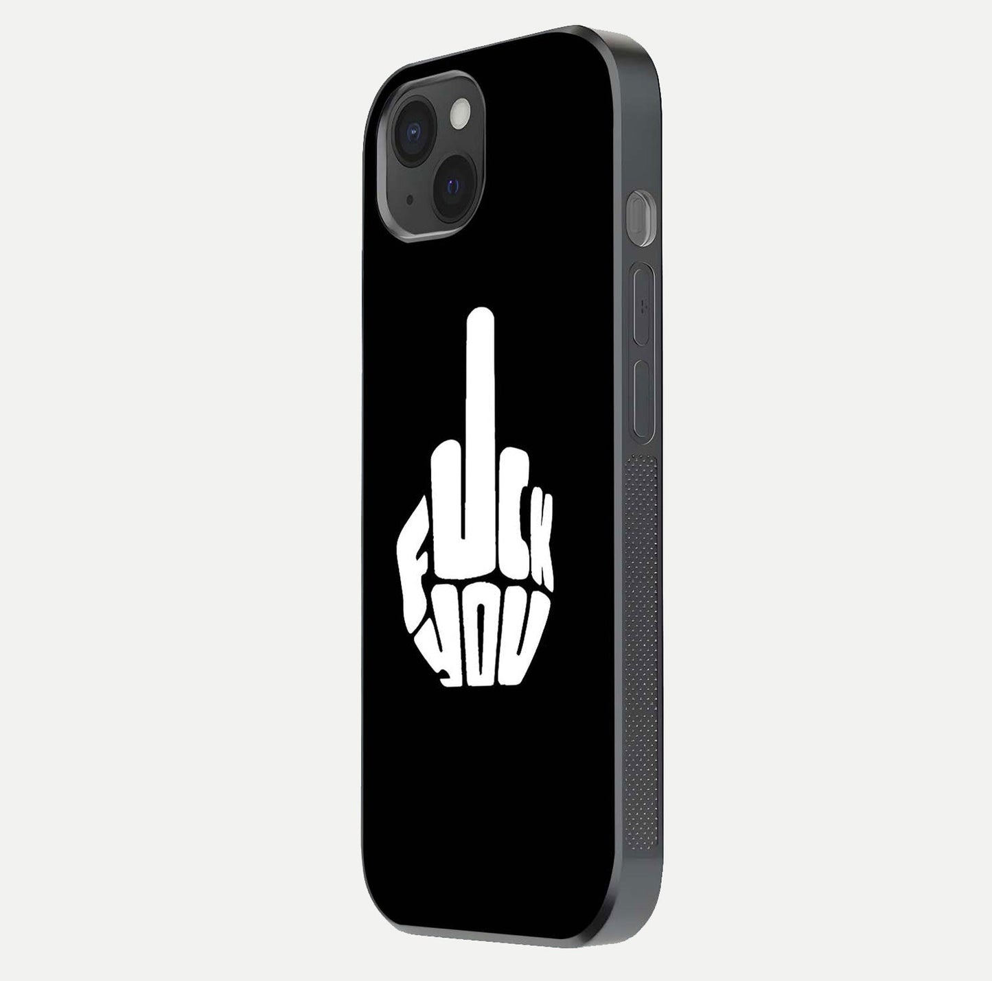Rebel Mode On Glass Case for iPhone 15 Plus side-angle image showing reflection, edge detail, and text clarity