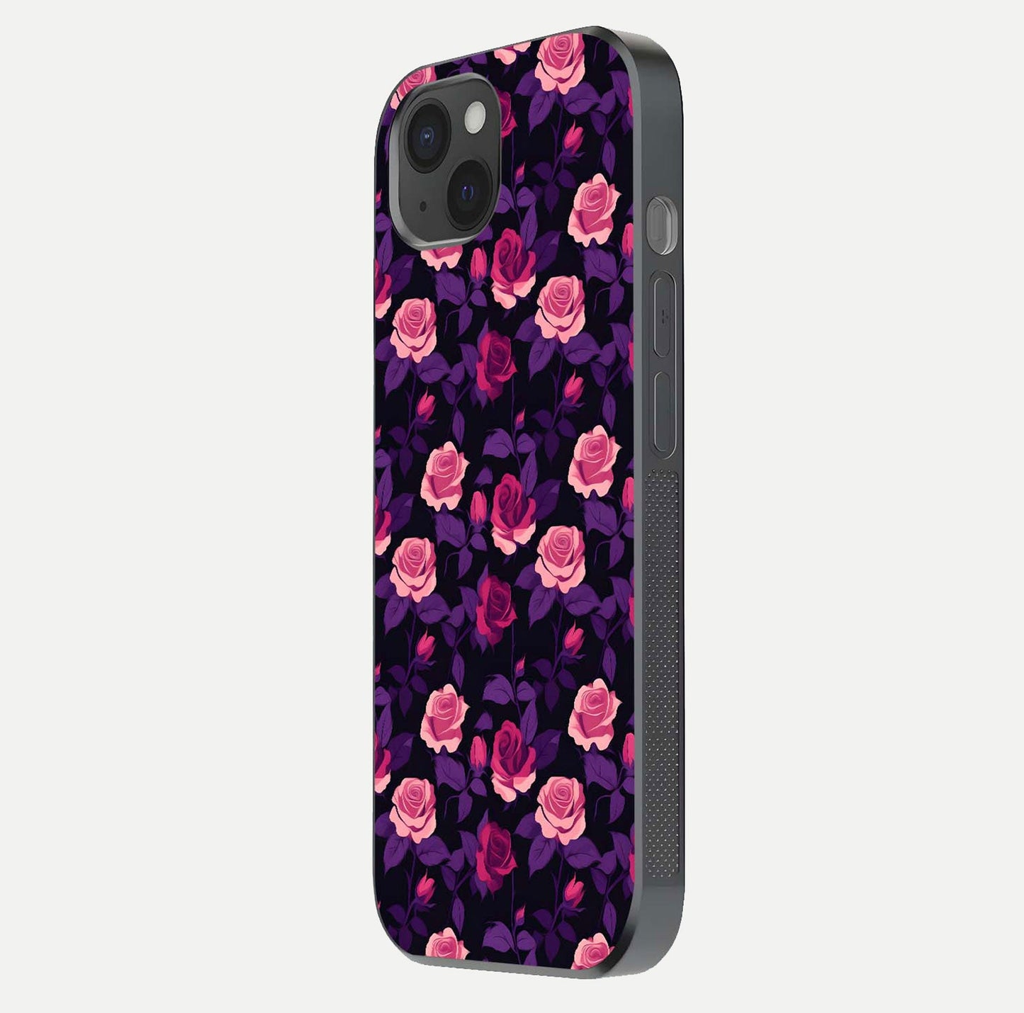 Rose Garden Twilight Glass Case for iPhone 15 Plus side-angle image showing reflection, gloss, and floral detail