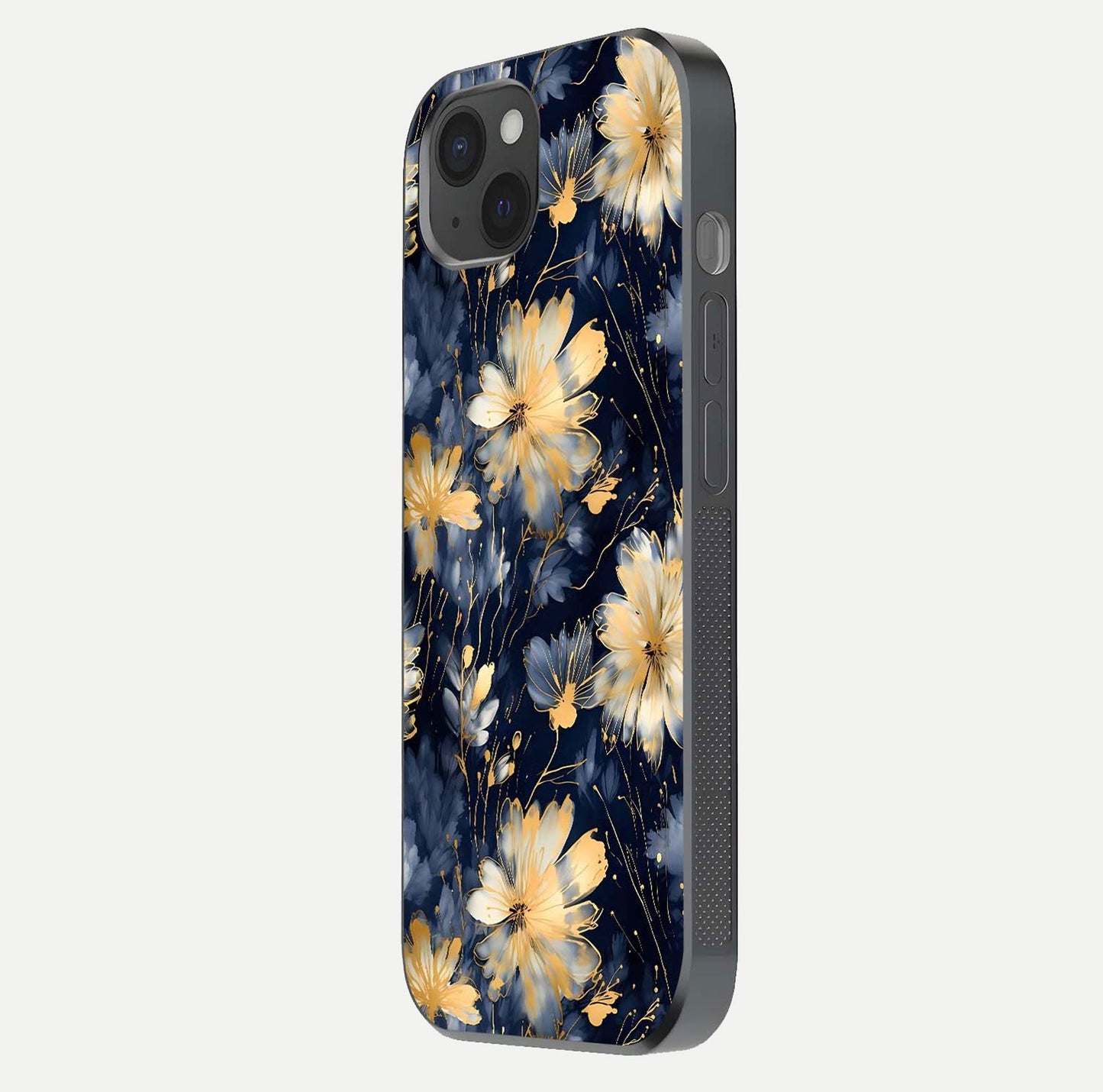 Royal Petal Dream Glass Case for iPhone 15 Plus side-angle image showing smooth edges and royal bloom details