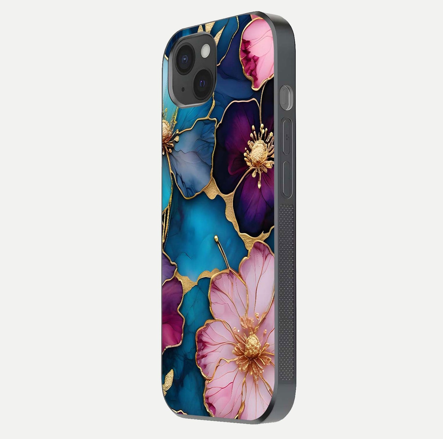 Sparkle Floral Glass Case for iPhone 15 Plus side-angle image showing reflection, gloss, and floral texture
