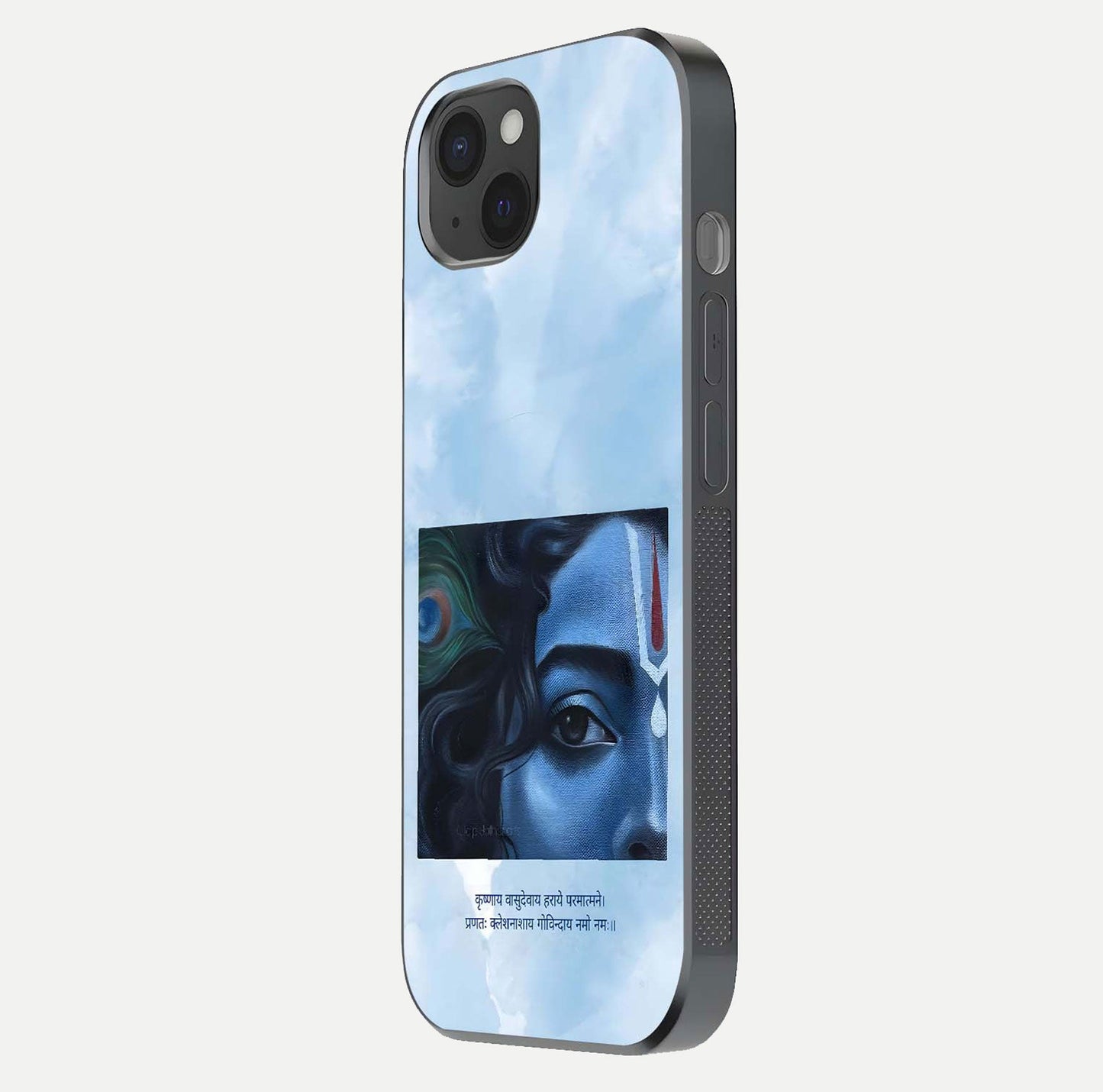 Spiritual Krishna Glass Case for iPhone 15 Plus side-angle image showing reflection and vivid artwork clarity