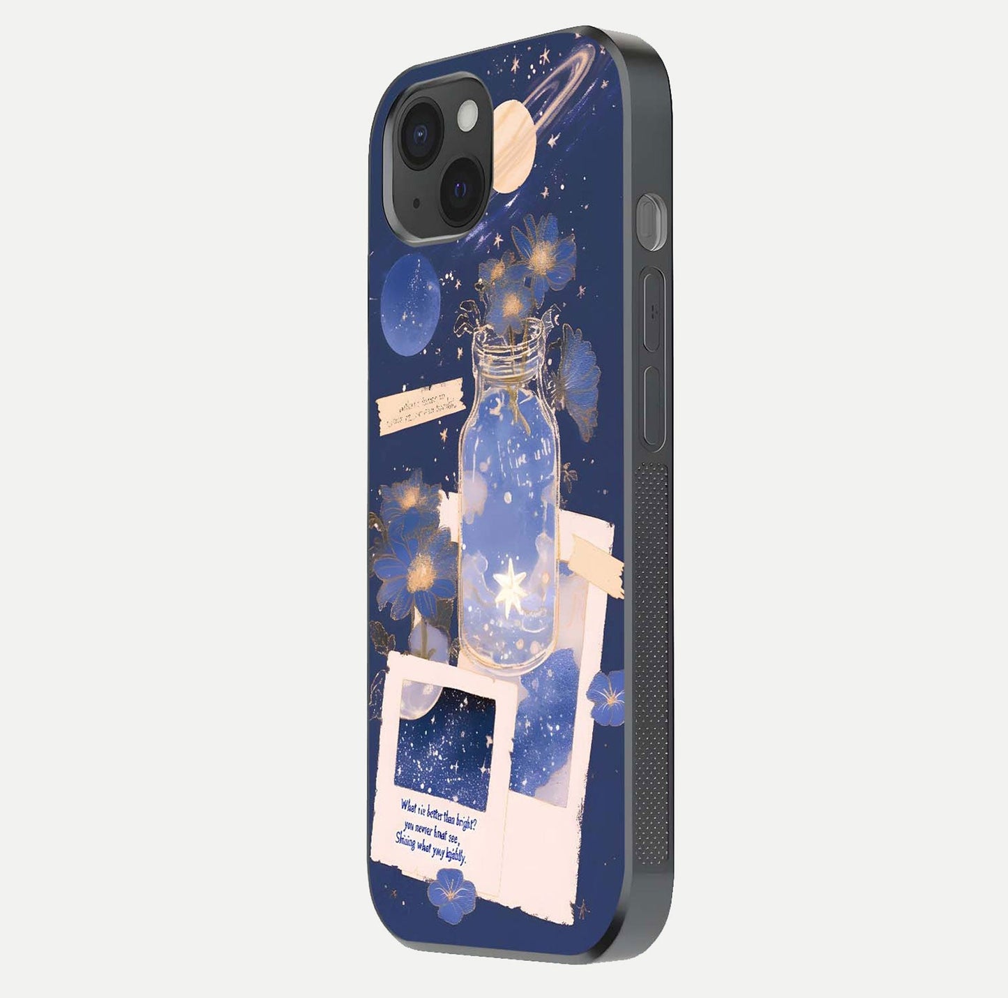 Starlit Cosmic Jar Glass Case for iPhone 15 Plus side-angle image showing glow, texture, and light reflection