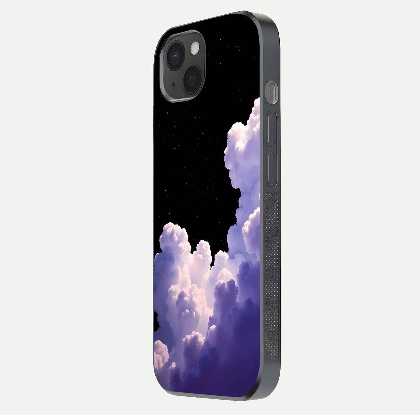 Starlit Night Whispers Glass Case for iPhone 15 Plus side-angle image showing reflection and night pattern shine