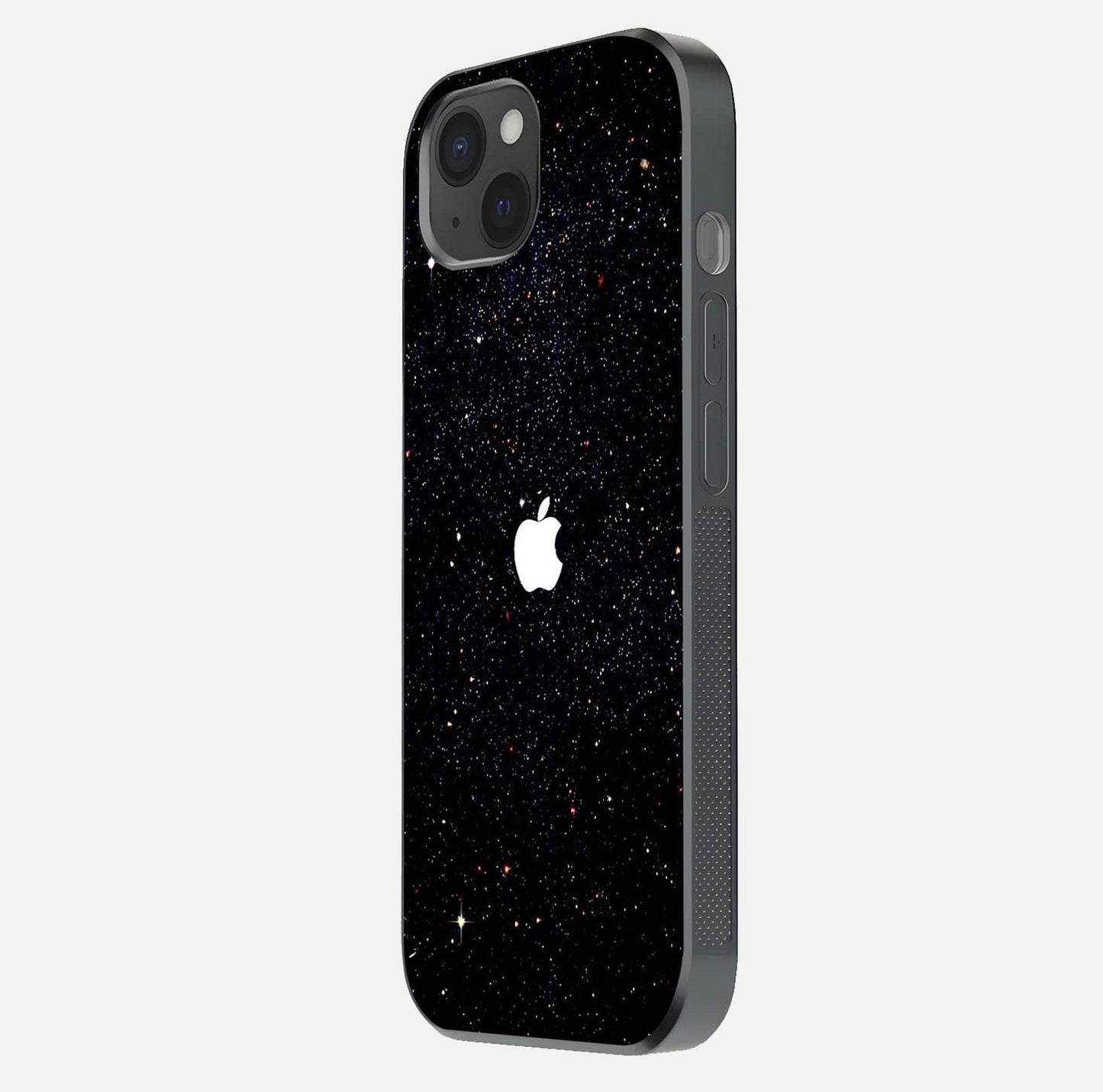 Starry Apple Galaxy Glass Case for iPhone 15 Plus side-angle image showing gloss and star pattern detail