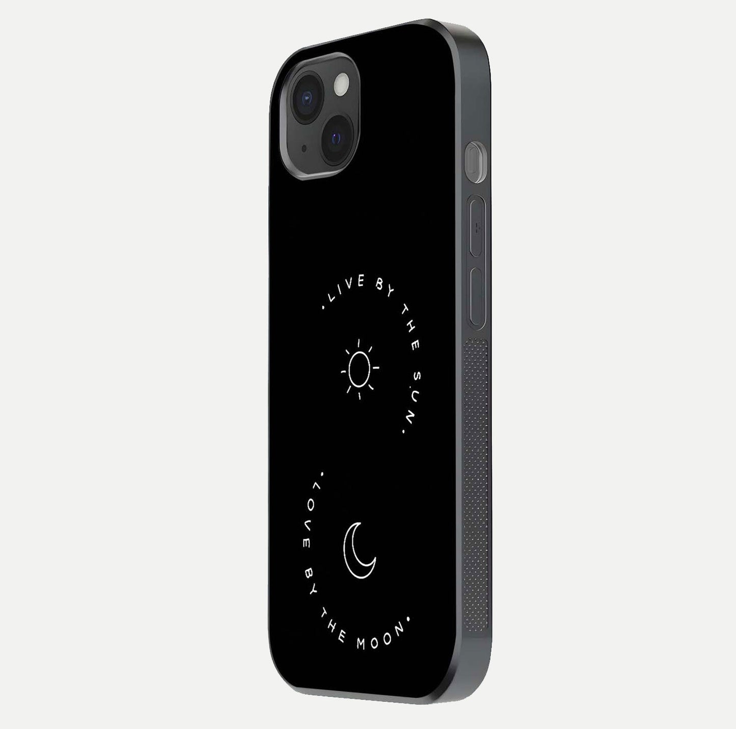 Sun Moon Balance Glass Case for iPhone 15 Plus side-angle image showing reflection and celestial detailing