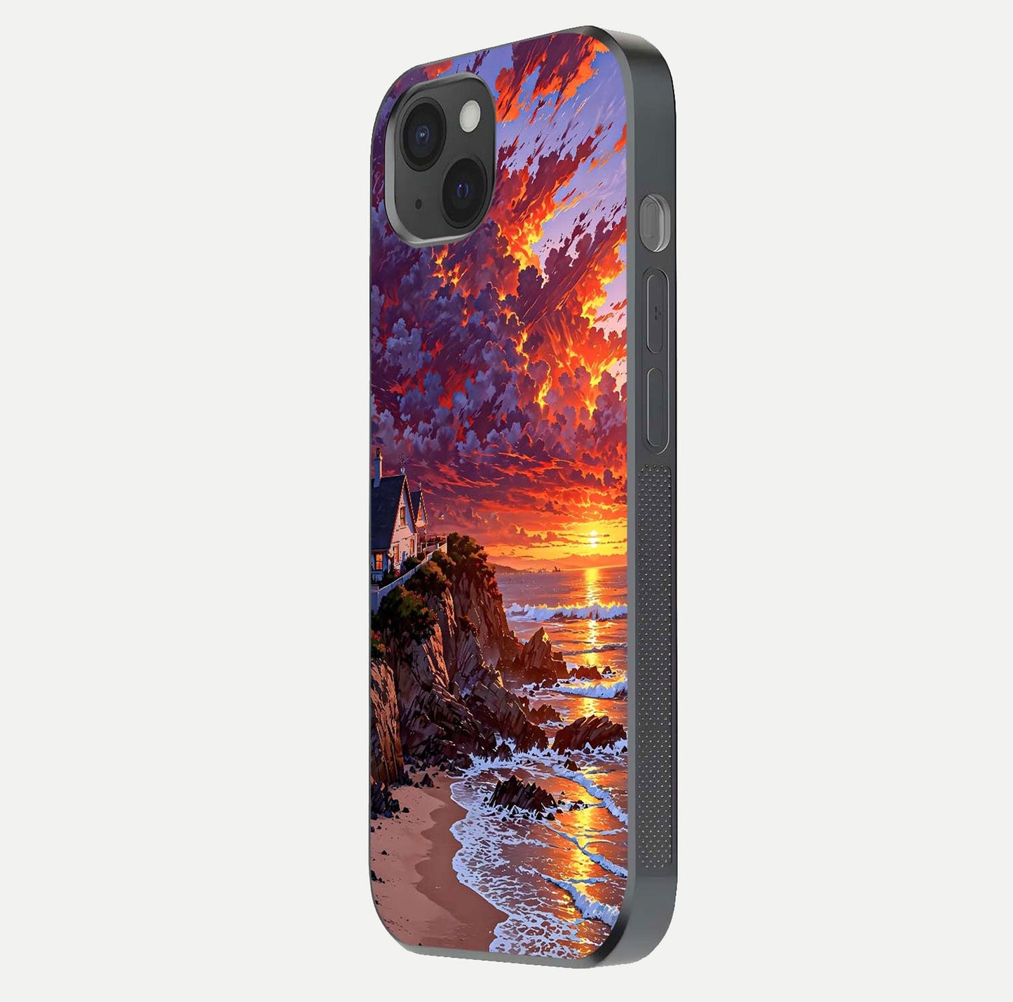 Sunset House by Sea Glass Case for iPhone 15 Plus side-angle image showing reflection and seaside color tone