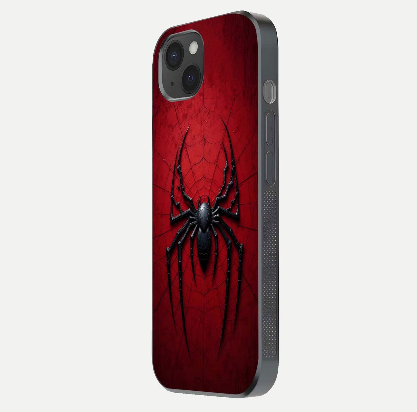Venom Web Emblem Glass Case for iPhone 15 Plus side-angle image showing reflection and dark color tones