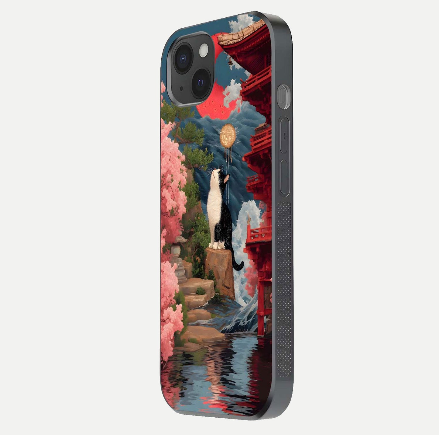 Temple Cat Scenery Glass Case for iPhone 15 Plus side-angle image showing shine and printed temple pattern