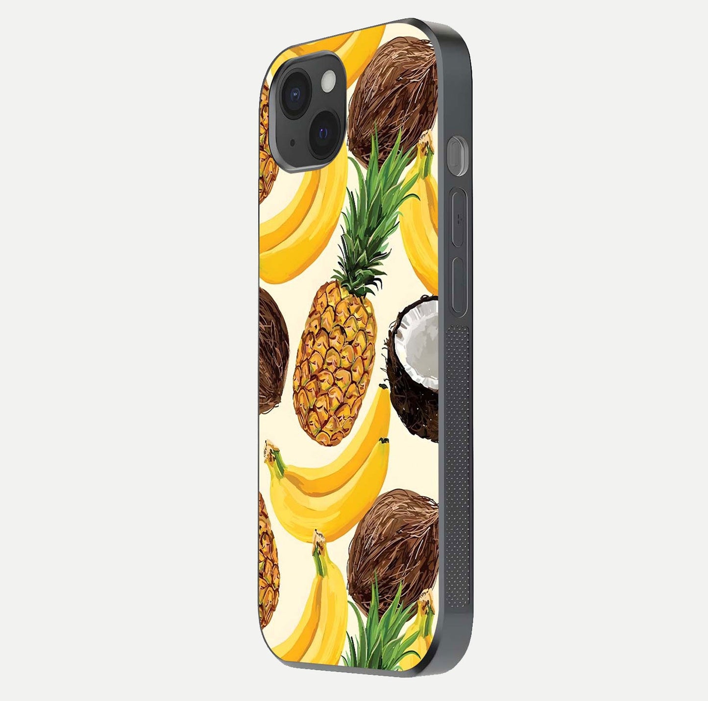 Tropical Fruit Mood Glass Case for iPhone 15 Plus side-angle image showing reflection, gloss, and fruit details