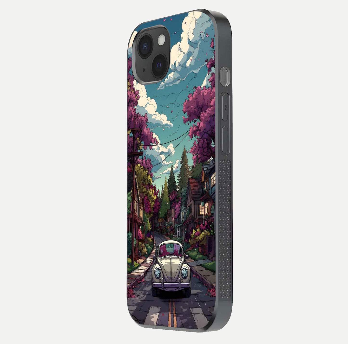 Vintage Street Drive Glass Case for iPhone 15 Plus side-angle image showing gloss reflection and design detail
