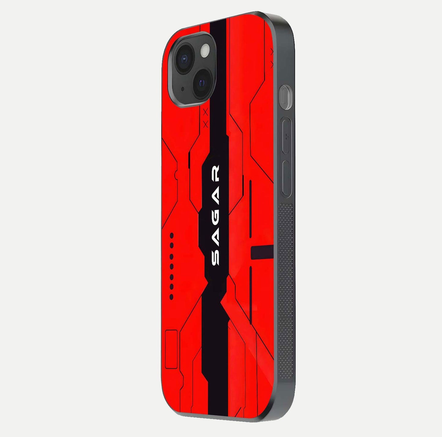 Voltage Rise CYBERPUNK Custom Name Glass Case for iPhone 15 Plus side-angle image showing gloss and cyberpunk detail