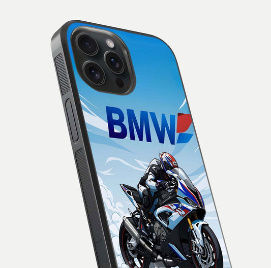 BMW Power Drift Glass Case for iPhone 15 Pro close-up view highlighting motion streaks and gloss shine