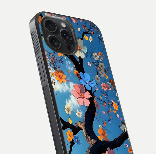 Blossom Dream Sky Glass Case for iPhone 15 Pro close-up shot highlighting dreamlike clouds and pink blossoms