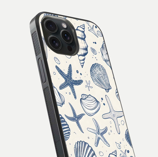 Blue Ocean Outline Glass Case for iPhone 15 Pro close-up shot highlighting line art details and reflection texture