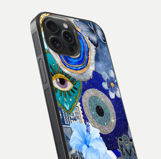 Celestial Blue Vision Glass Case for iPhone 15 Pro close-up shot highlighting reflection details and smooth edge polish